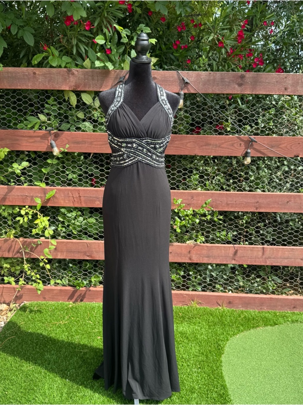 Hailey Logan Black Beaded Halter Maxi Dress